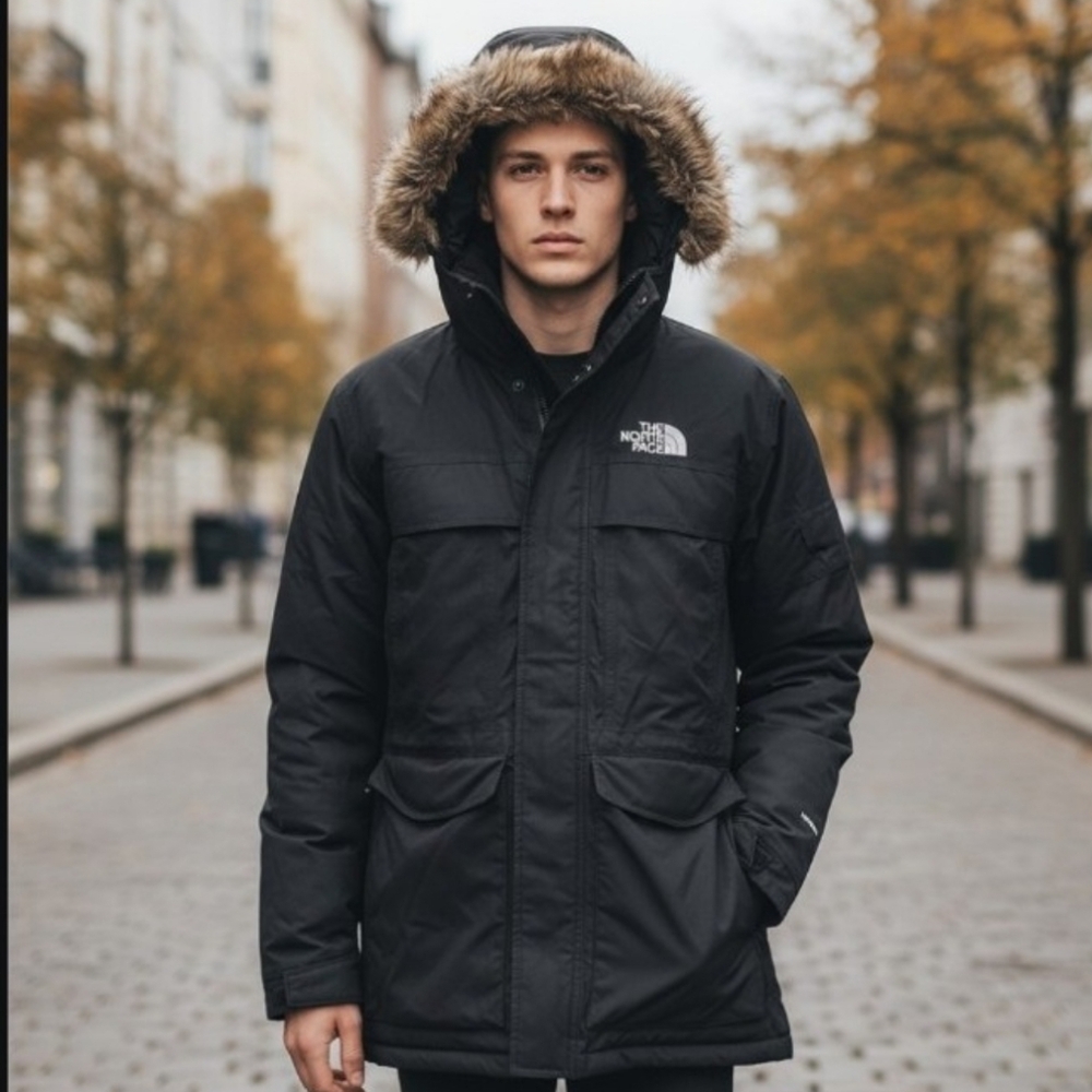 North Face Mens Long Snokel Black Coat Fur Hood